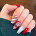 Christmas Press on Nails in Medium Square Snowflake Fake Nails with Red and White Stripes Nails Designs for Girls and Women