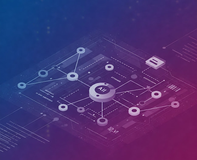 Isometric digital network connecting AI nodes, concept for large language models.