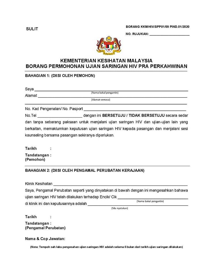 Borang Permohonan Ujian Saringan Hiv Pra Perkahwinan Yang Baru Bermula 1 Januari 2021