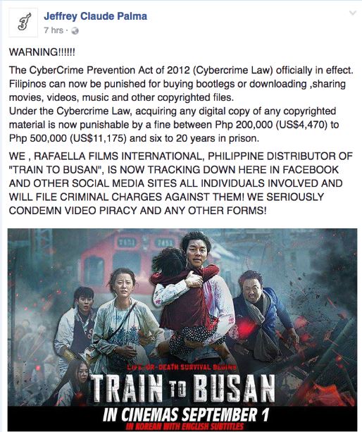 "Train to Busan" warning piracy