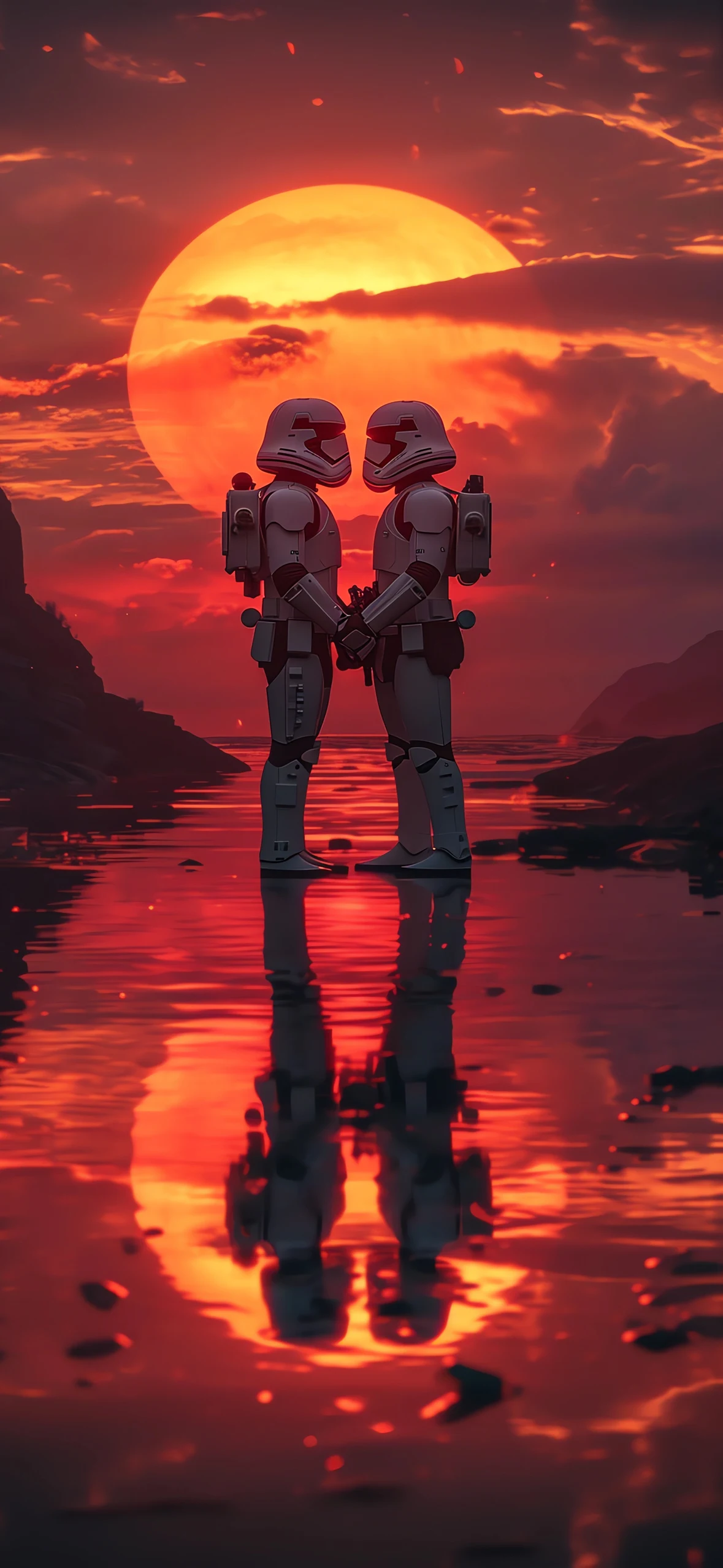 iPhone wallpaper showing two Stormtroopers holding hands against a romantic sunset and reflection on water.
