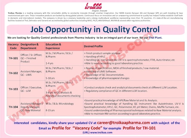 Troikaa Pharma | Job opportunity in Quality control | Ahmedabad | Send CV