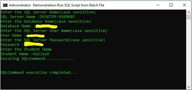 execute a batch file having sql commands