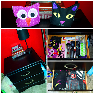 Nightstand, books, rice bag, blankets, shoe box, organization, organize, storage, drawer, drawers, lamp, flashlight