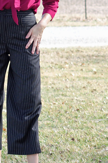 Mood Fabrics' Pinstripe wool twill for wide leg cropped pants from McCall's 7445