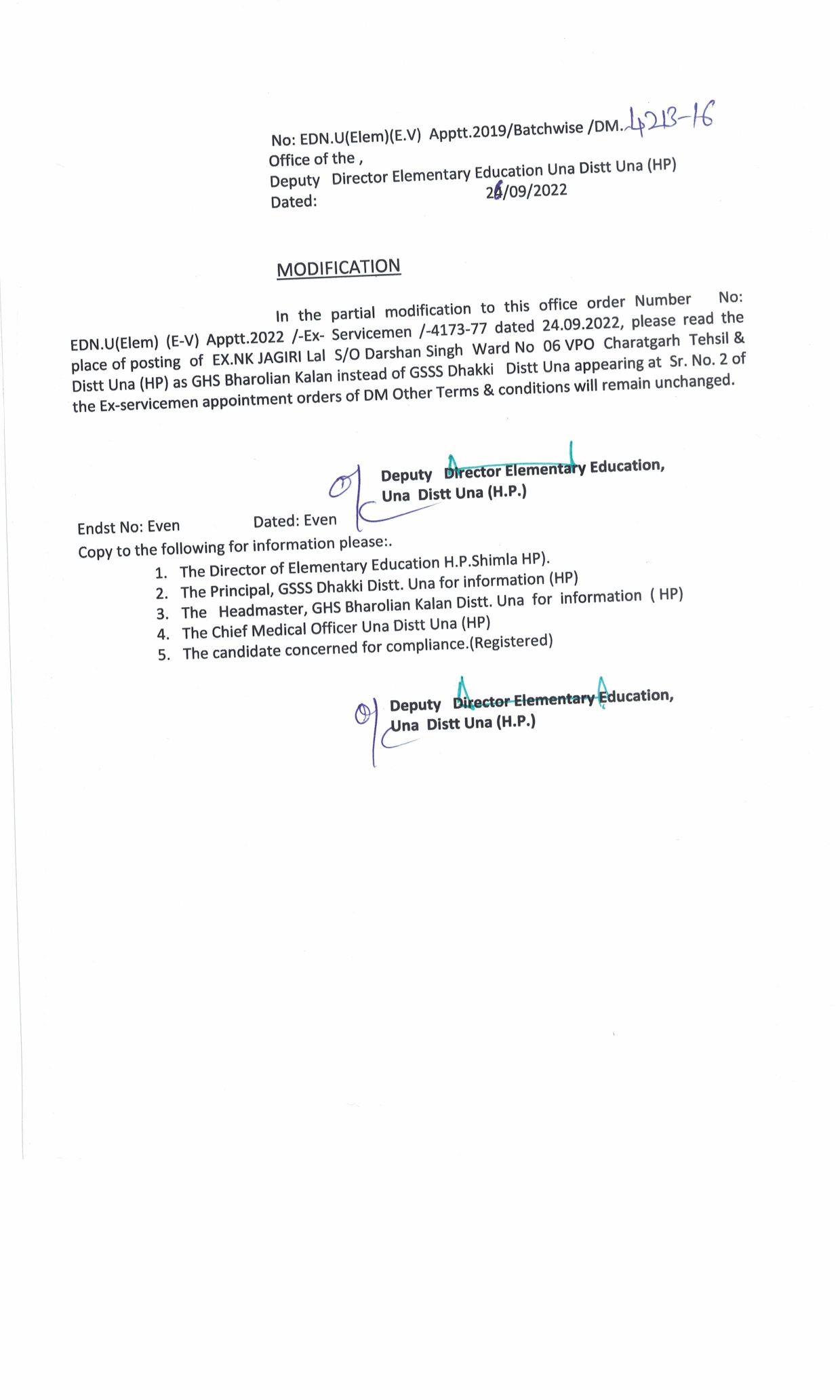 Regarding Modification in office order C and V category appointed on dated 24.09.2022:-DDEE Una