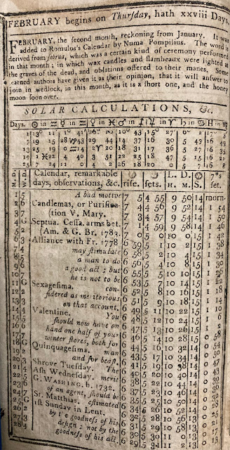 February page of the 1798 Isaiah Thomas almanack