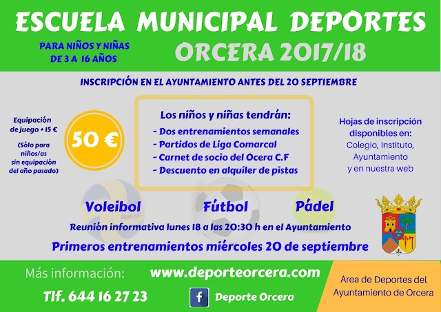 INSCRIPCIÓN E.M.D. DE ORCERA. TEMPORADA 2017/18