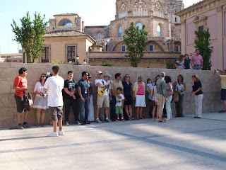 Group of bloggers on fam trip to Valencia, getting lined up for a photo