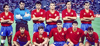 Selección de ESPAÑA - Temporada 1989-90 - Chendo, Zubizarreta, Michel, Roberto, Górriz y Andrinúa; Villarroya, Butragueño, Julio Salinas, Sanchís y Martín Vázquez - COREA DEL SUR 1 (Bo Kwan Huang), ESPAÑA 3 (Michel 3) - 17/06/1990 - Mundial de Italia 1990, fase de grupos - Udine (Italia), estadio Friuli - Alineación: Zubizarreta; Chendo, Górriz, Andrinúa, Sanchís, Villarroya; Michel, Roberto (Bakero, 81'), Martín Vázquez; Butragueño (Fernando, 75') y Julio Salinas