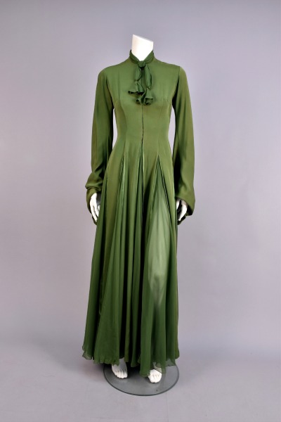 Green silk crepe gown worn by Judy Garland in 1954's "A Star Is Born" displayed on a dress form