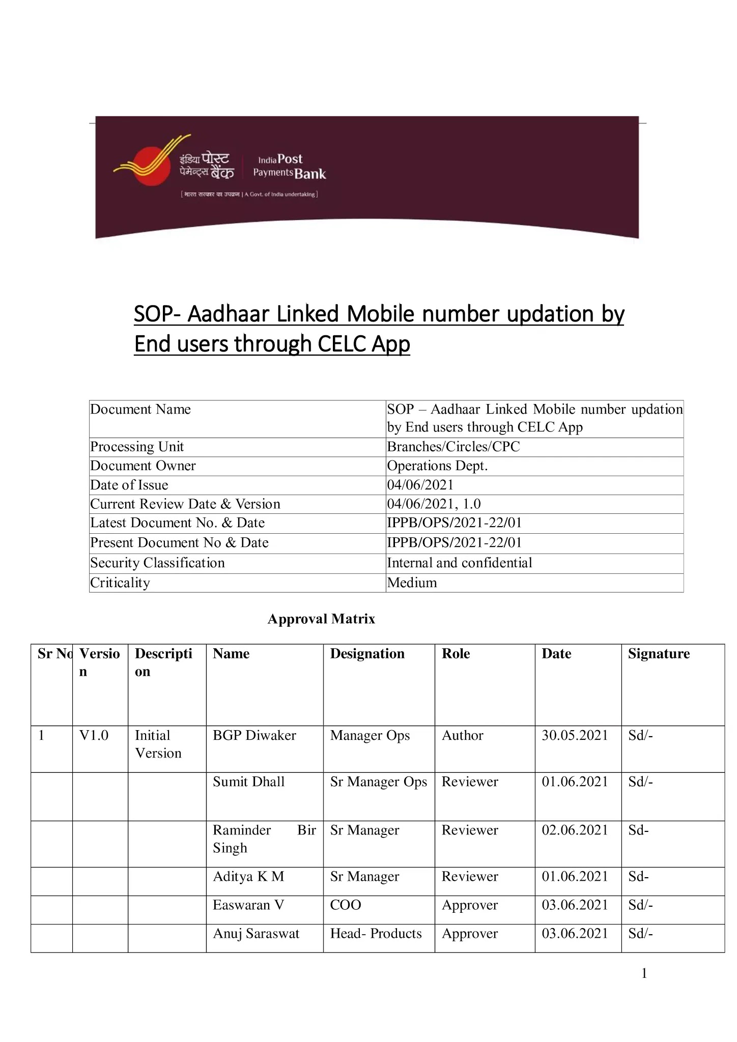 
Standard Operating Procedure (SOP) Aadhaar Linked Mobile number Updation by  End users through CELC (Child Enrolment Lite Client) App
