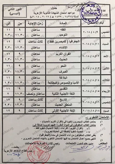 جدول ومواعيد امتحانات الدور الثاني للثانوية الازهرية 2018 بالصور