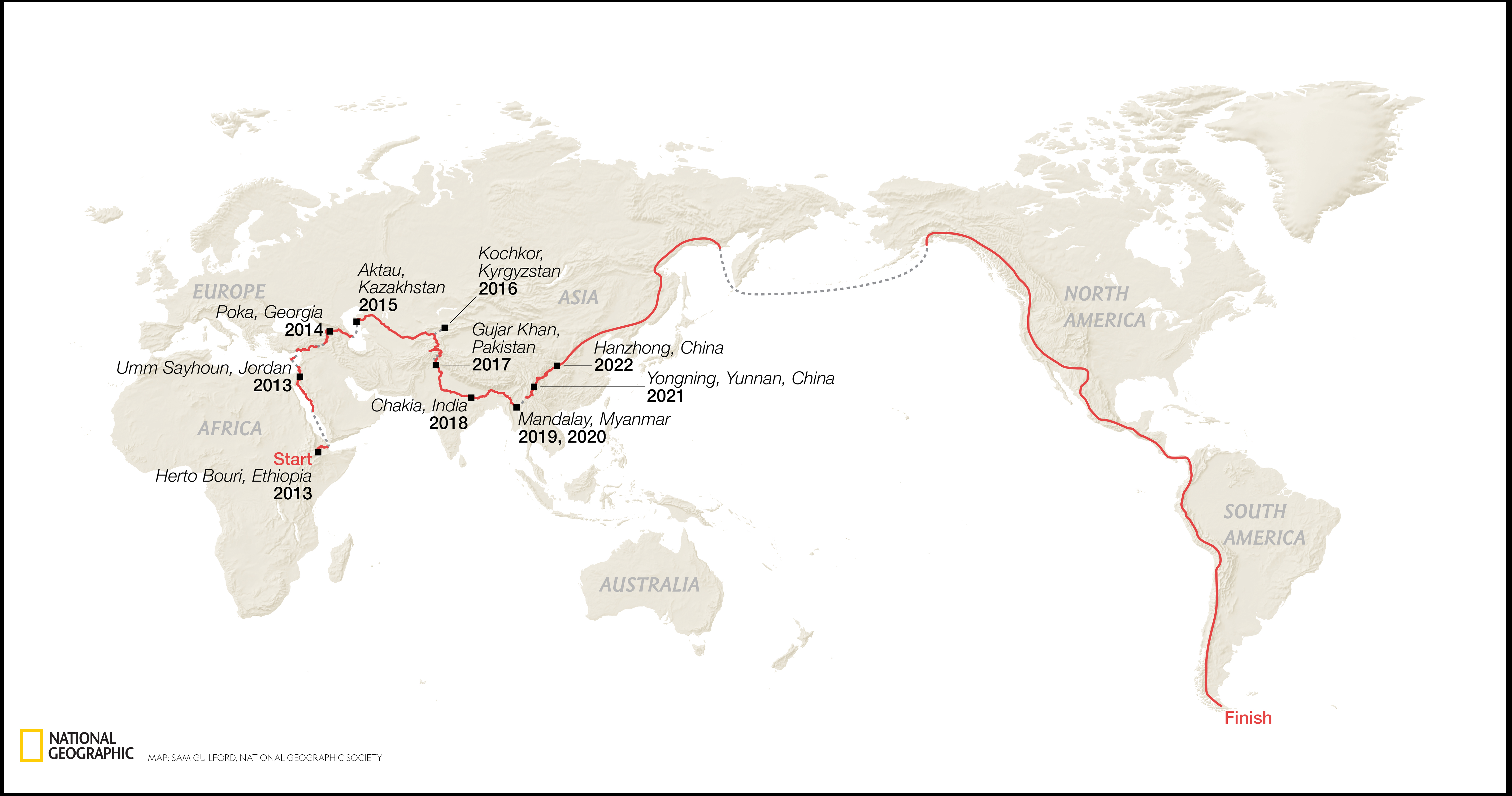 A map depicting Paul Salopek's Out of Eden Walk across the globe retracing the steps of our ancestors