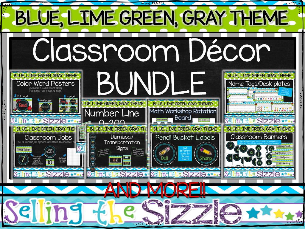http://www.teacherspayteachers.com/Product/Blue-Lime-Green-Gray-Chalkboard-Themed-Classroom-Decor-BUNDLE-1331876