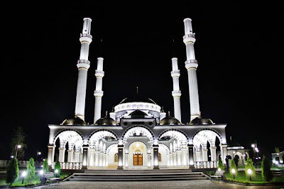 The Akhmad Kadyrov Mosque (Russian — Mechet Akhmata Kadyrova) is located in Grozny, the capital of Chechnya. It is one of the largest mosques in Russia and is officially known as the "The Heart of Chechnya" , Russian — Serdtse Chechni). The mosque is named after Akhmad Kadyrov who commissioned its construction from the mayor of Konya. The mosque design with a set of 62-metre (203 ft)-tall minarets is based on the Blue Mosque in Istanbul. On October 16, 2008, the mosque was officially opened in a ceremony in which Chechen leader Ramzan Kadyrov spoke and was with Russian Prime Minister Vladimir Putin. In this mosque, ten thousand Muslims can pray at a time and its minarets reach 62 metres (203 ft) high.