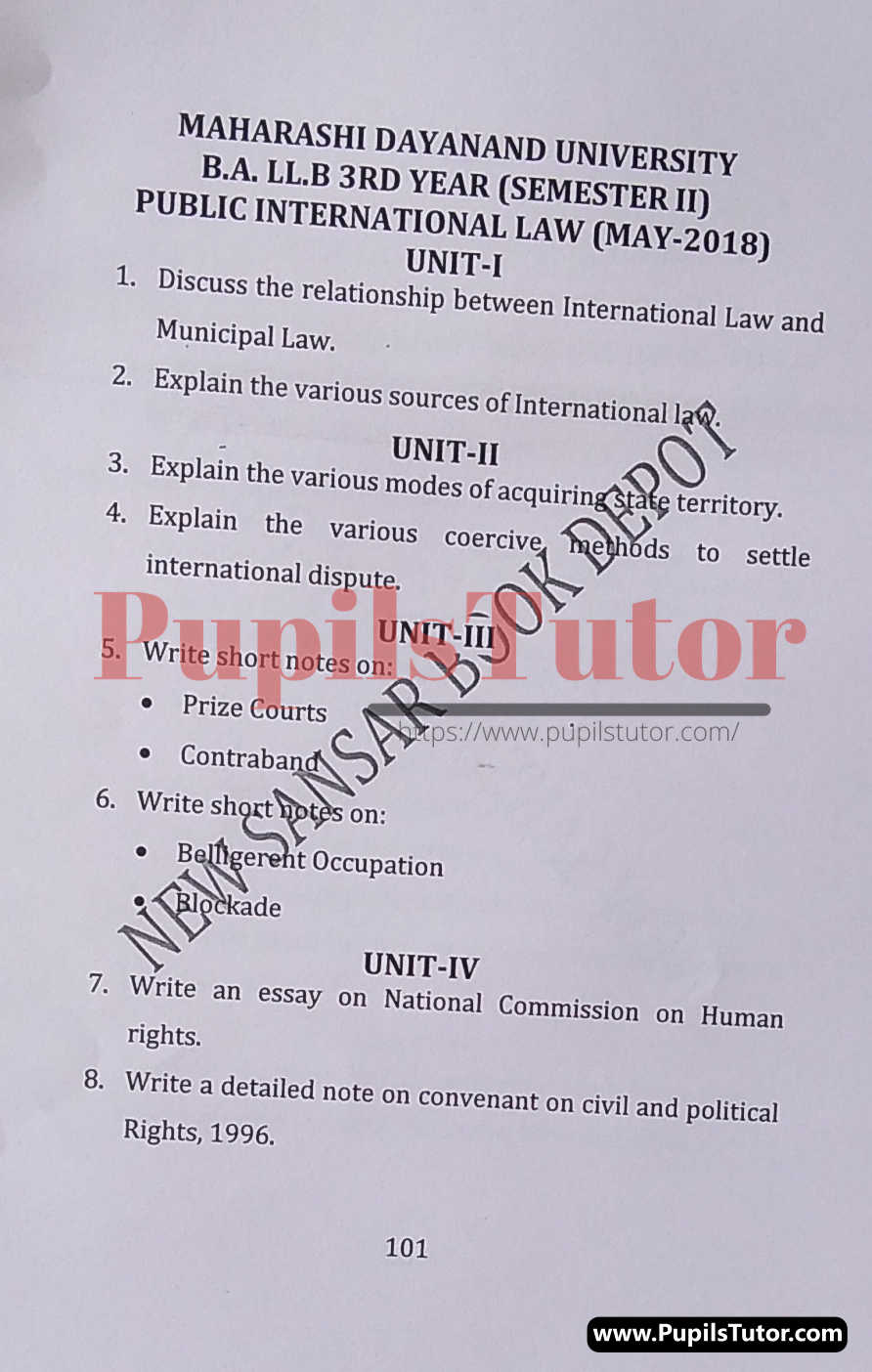 MDU (Maharshi Dayanand University, Rohtak Haryana) LLB Regular Exam (Hons.) Second Semester Previous Year Public International Law Question Paper For May, 2018 Exam (Question Paper Page 1) - pupilstutor.com