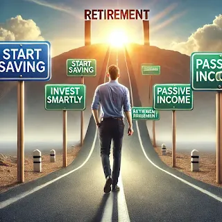 "A young professional in his 20s walking on a long road toward retirement, passing milestone signs like 'Start Saving,' 'Invest Smartly,' 'Passive Income,' and 'Financial Freedom,' with a bright sky and a rising sun symbolizing a secure financial future."