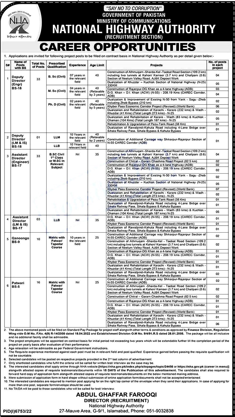 National Highway Authority NHA Jobs 2023 Online Apply