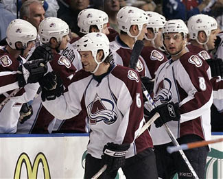 Jeff Finger celebrates the game winning goal as the Colorado Avalanche shut out the Tampa Bay Lightning