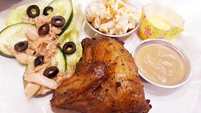 Chicken Pork Pyrolysis. Uses the traditional brick oven for that distinct roasted taste.  Roasted (5) Chicken, Tuna Veggie, Macaroni Salad, Dessert.