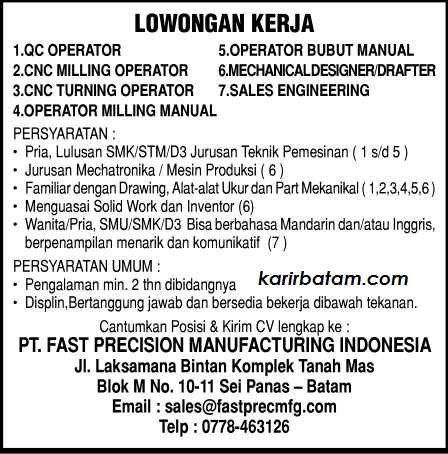 Lowongan Kerja PT. Fast Precision Manufacturing Indonesia