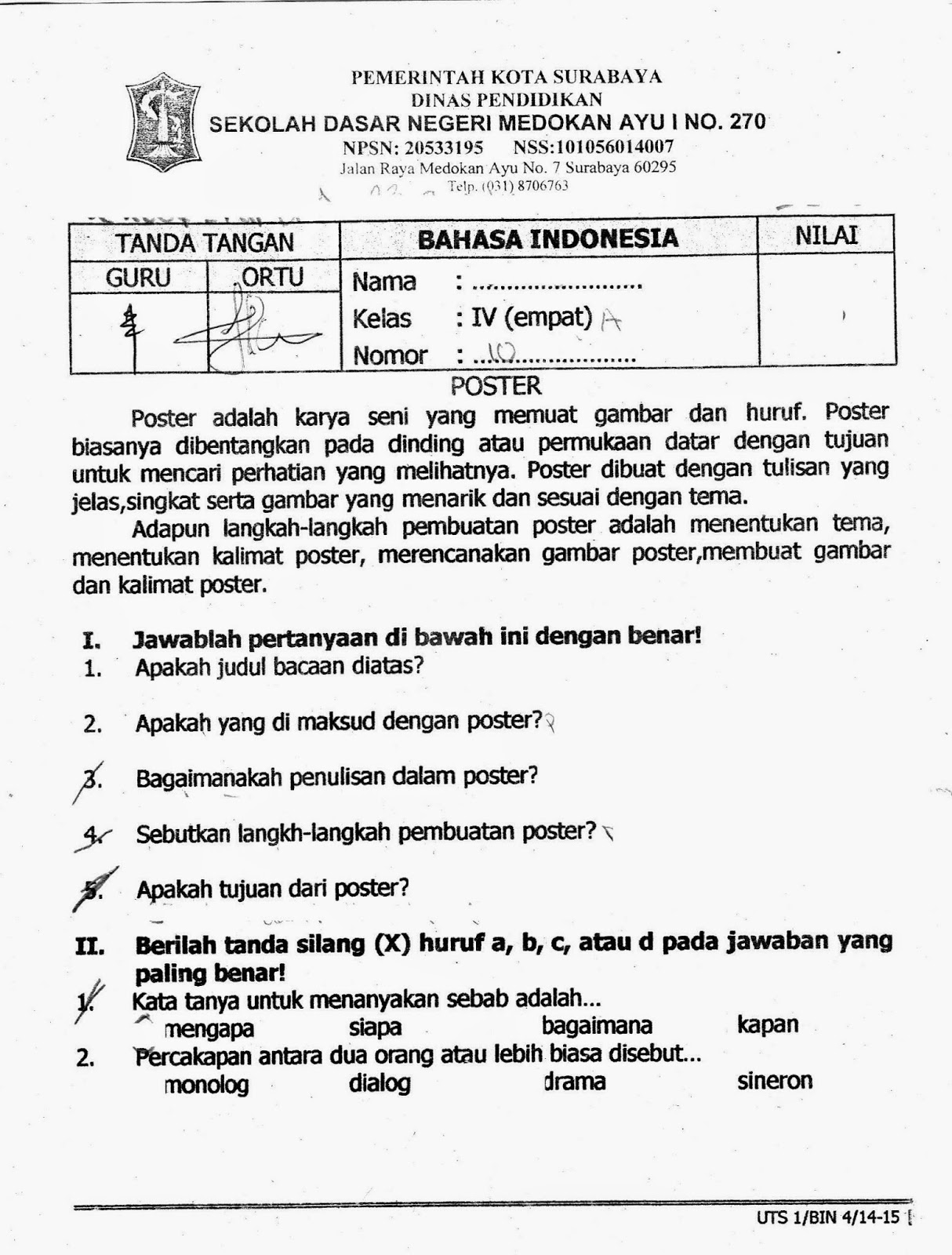 UTS 1 Ganjil Bahasa Indonesia Kelas 4 SD TA 2014 2015 Kurikulum 2013