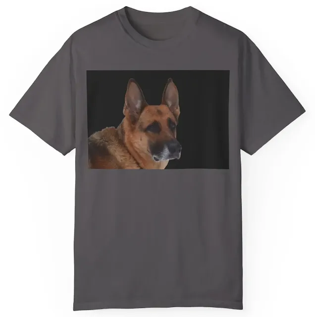 Garment Dyed T-Shirt for Men and Women With Large Serious Looking Tan and Black Color German Shepherd