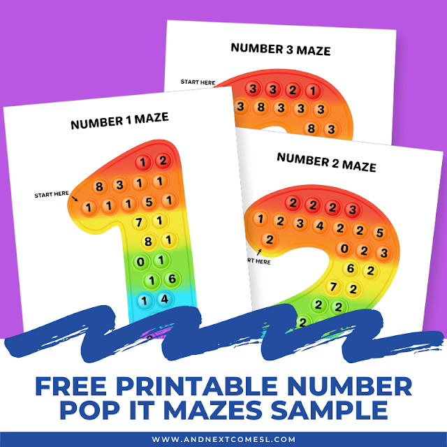 Free printable sample pack of number pop it mazes for kids