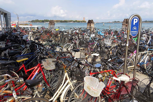 Bicycle racks at the vaporetto (water bus) stop, Lido di Venezia, Venice