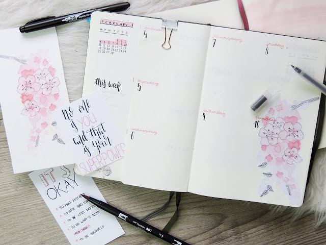bullet journal weekly overview with dutch door and watercolour paintings of flowers by glitterisblack