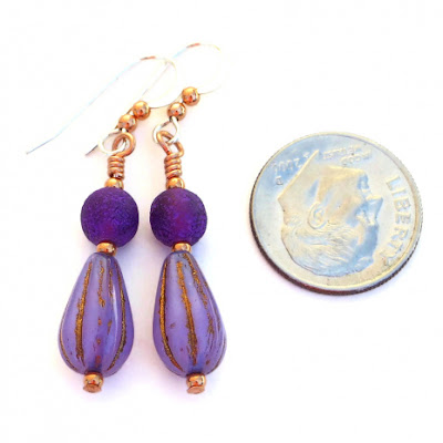 lavender silk czech glass teardrop earrings jewelry with matte dark purple beads