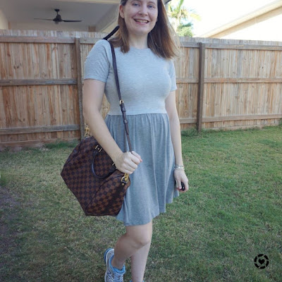 awayfromtheblue Instagram | grey skater dress asos baydoll with louis vuitton speedy bandouliere bag sneakers