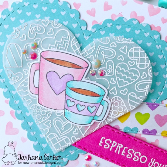 Espresso Your Love Card by Farhana Sarker | Love Café Stamp Set, Heartfelt Love Stamp Set, Heart Frames Die Set, Love & Chocolate Paper Pad and Petite Hearts Stencil by Newton's Nook Designs #newtonsnook #handmade