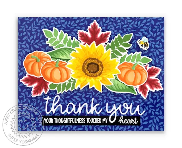 Sunny Studio Layered Pumpkins & Leaves Fall Thank You Card (using Crisp Autumn, Sunflower Fields, Words of Gratitude Stamps, Thank You Word Dies & Sweater Weather Paper)