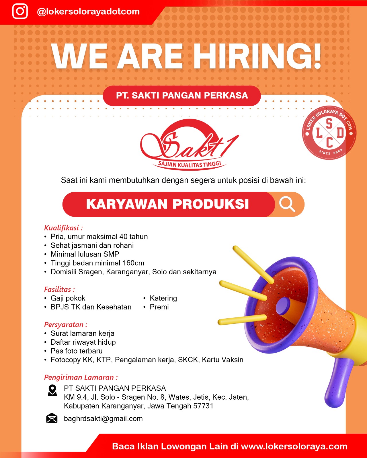 Loker Karyawan Produksi Karanganyar di PT Sakti Pangan Perkasa