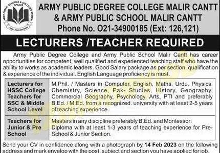 Malir Cantt Jobs 2023 | APS and Army Public Degree College Jobs