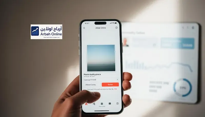 واجهة تطبيق أرباح أونلاين تعرض رفع صورة عالية الجودة مع أدوات تسعير ولوحة تحكم بسيطة وتحليلات الأداء