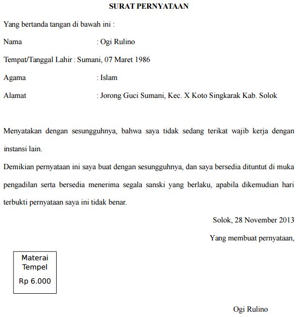 Contoh Surat Pernyataan Tidak Terikat Kontrak Kerja Dengan Perusahaan Instansi Lain