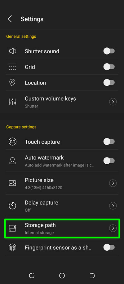 camera settings storage path