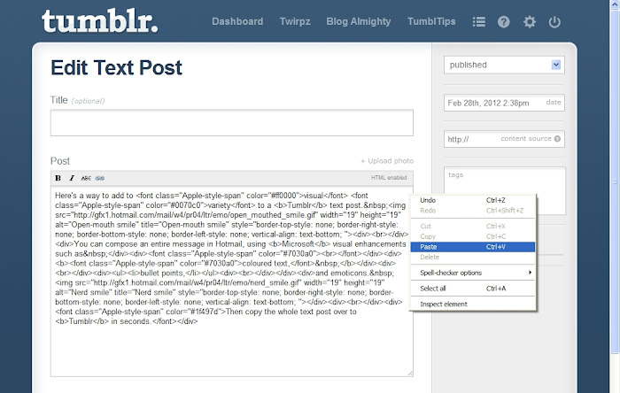Pasting the code into the Tumblr editor