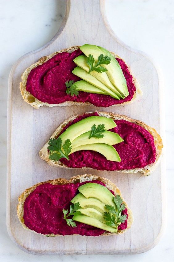 Beet Hummus Toast with Fresh Avocado