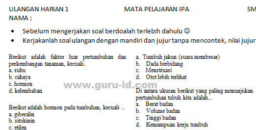 Soal IPA SMP 2018 Kurikulum 2013/ KTSP Dilengkapi Kunci 