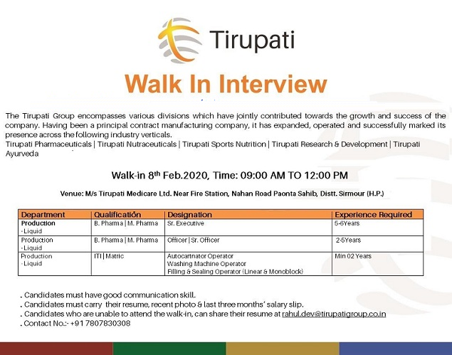 Tirupati Pharma | Walk-in for Production on 8 Feb 2020 | Pharma Jobs in Poanta Sahib