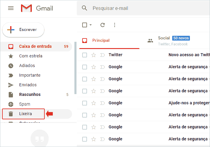 Lixeira do Gmail completamente visível na interface