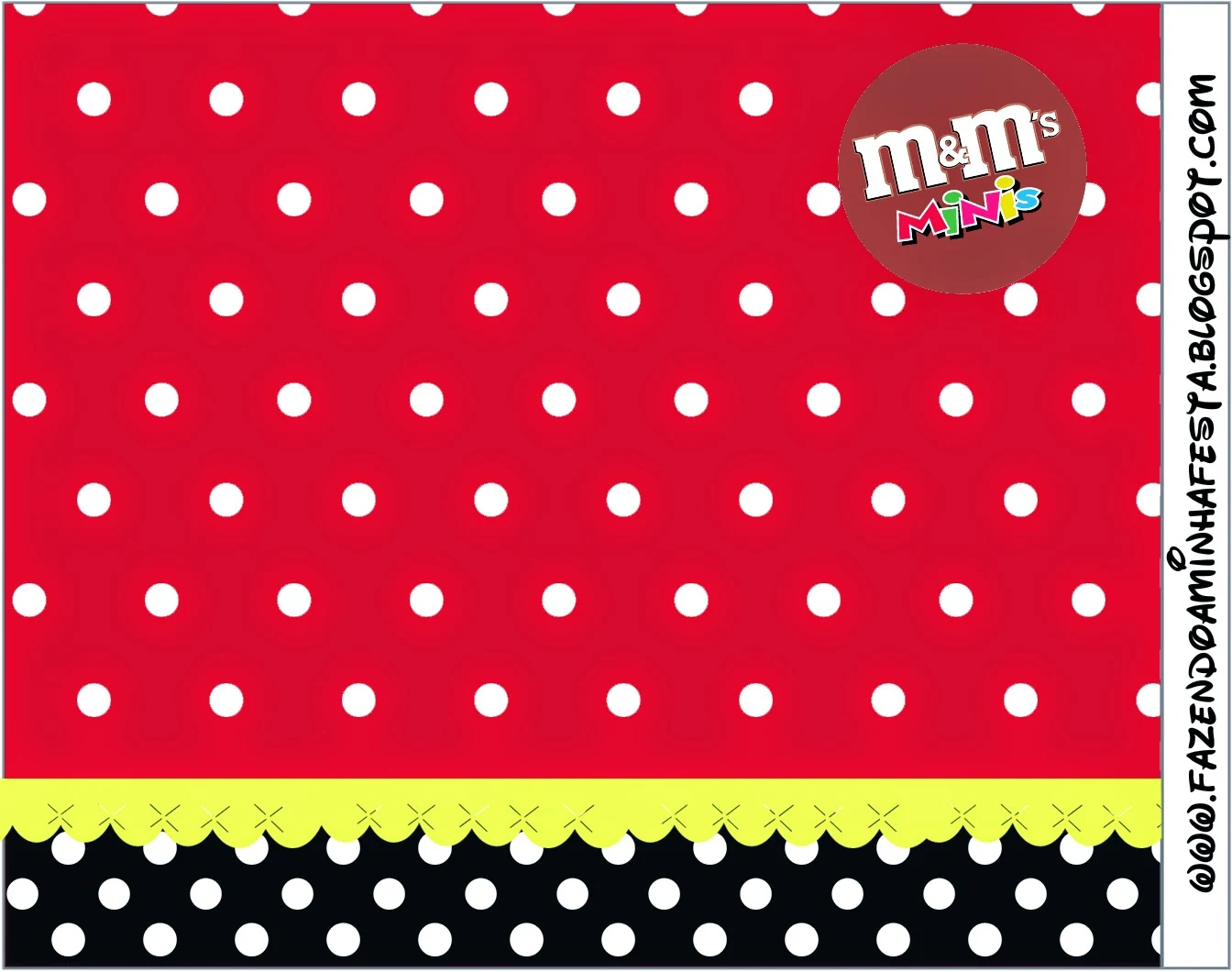 Free Printable M&M Candy Bar Labels for a Red, Black and White Polka Dots.