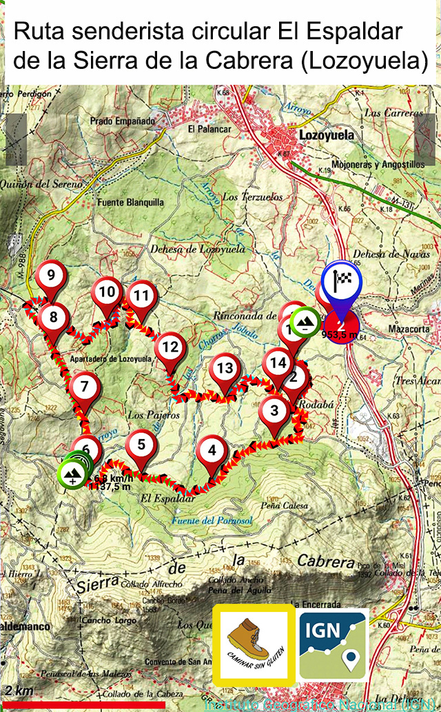 Mapa IGN de la ruta senderista circular El Espaldar de la Sierra de la Cabrera
