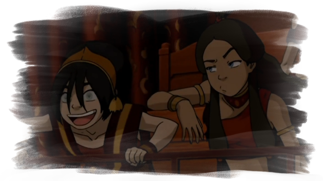 A shot from the same location as before, this time Toph has a huge smile on her face and is leaning on the balcony excitedly while Katara is leaning towards her, annoyed by her reaction.