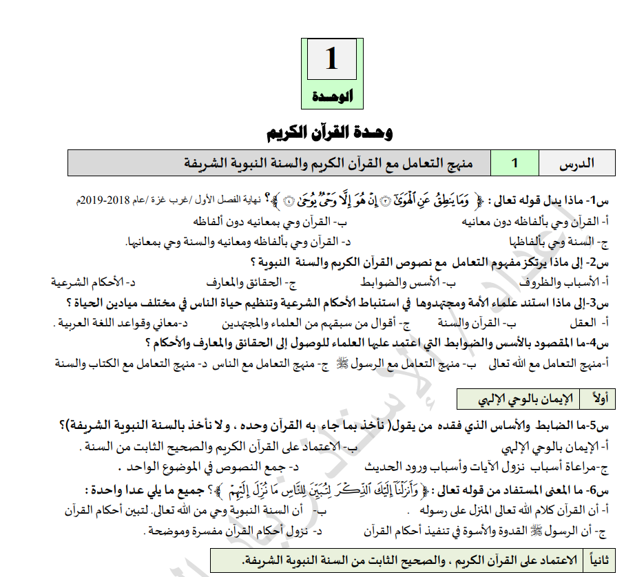 كراسة اسئلة الاختيار من متعدد لامتحانات مديريات التربية في التربية الاسلامية توجيهي