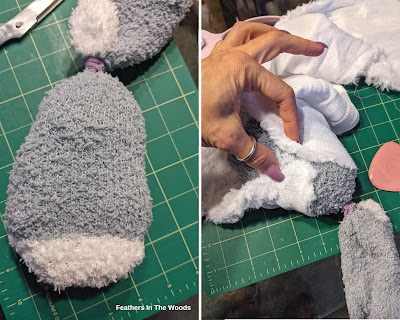 making the Lavender aromatherapy gnome body from fuzzy sock